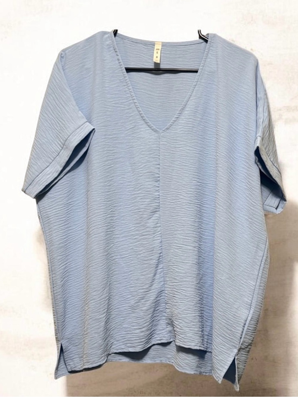 MTS Blue Crinkle V Neck Top Womens Large Short Sleeve Relaxed Made in USA